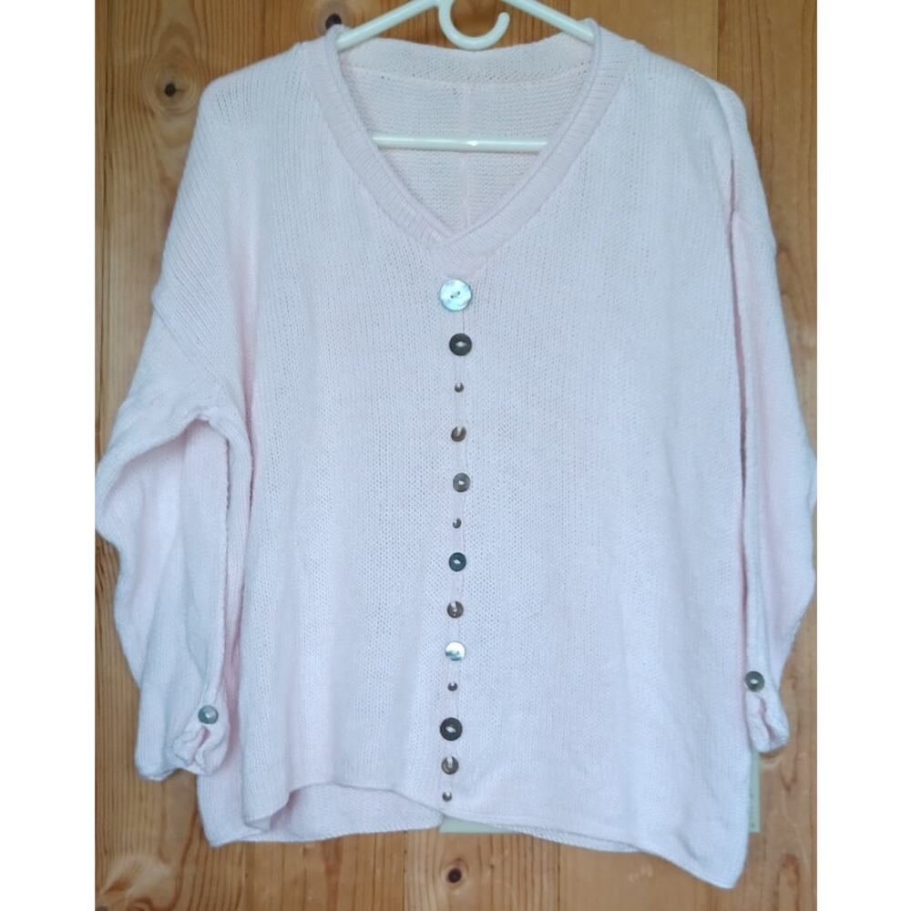 Petal Pink Hand Knit Sweater Women's XL Button Accents Exposed Seams Boxy Fit - Picture 3 of 5